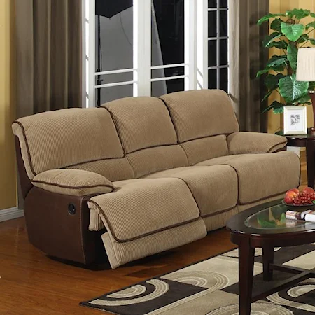 Casual Dual Reclining Sofa with Faux Leather and Corduroy